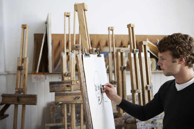 art student using an easel in an art school classroom