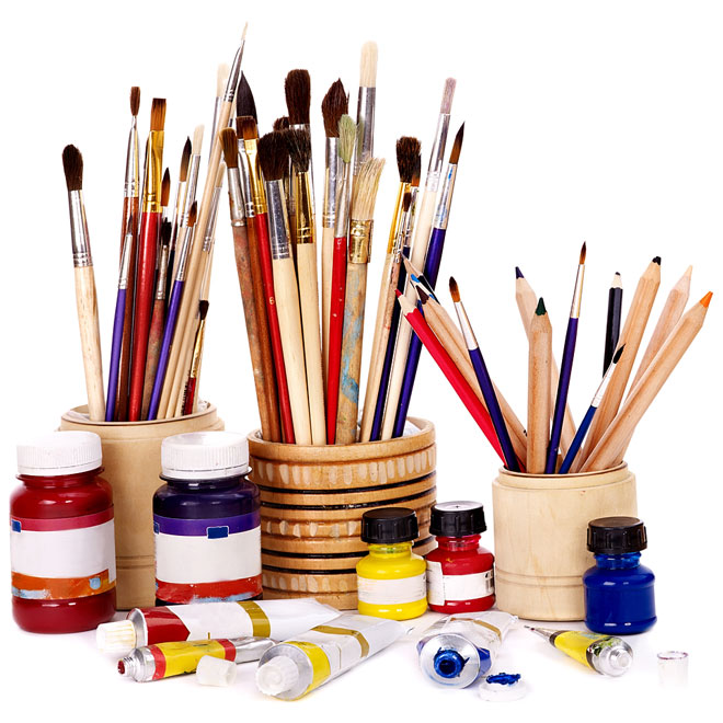 art brushes, paints, and colored pencils