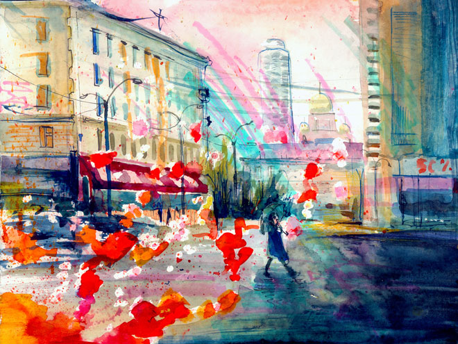 city street scene using liquid watercolor paints