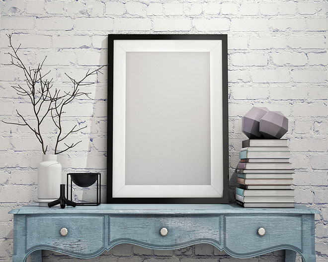 picture frame with mat, on entry hall table