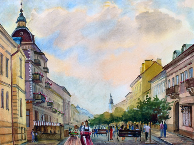 watercolor painting of a historic European city